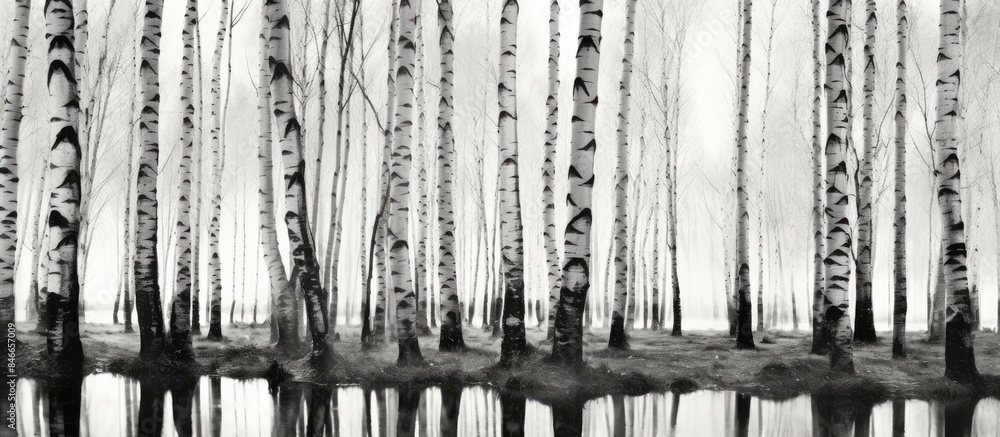 Poster Vintage impressionism style black and white photo of a birch grove with a vertical movement creating a nostalgic vibe, ideal as a copy space image.
