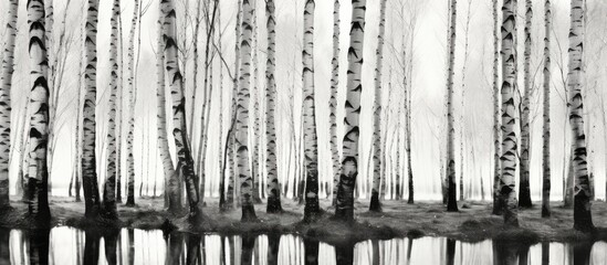 Obraz premium Vintage impressionism style black and white photo of a birch grove with a vertical movement creating a nostalgic vibe, ideal as a copy space image.