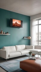 High end modern living room with white leather couch and a large flat screen tv mounted on the wall, brutalist architecture mixed with modern futuristic minimal design