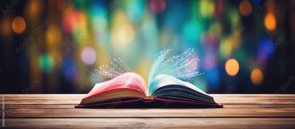 Poster colorful abstract open book on a wooden table with a blurred background creates an educational copy 