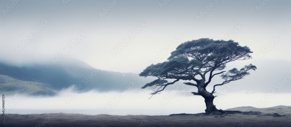 Poster a tree is shown with intricate details in the misty morning, creating a serene copy space image.