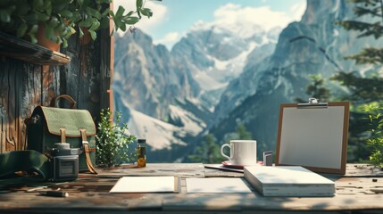 Wilderness Wanderlust Outdoor Adventure Guide's Office with Business Cards Hiking Gear and Nature Photos