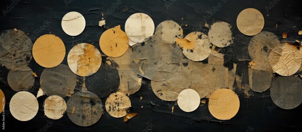 Poster old torn paper pieces, round stickers on a black background for an urban wall poster texture with hi