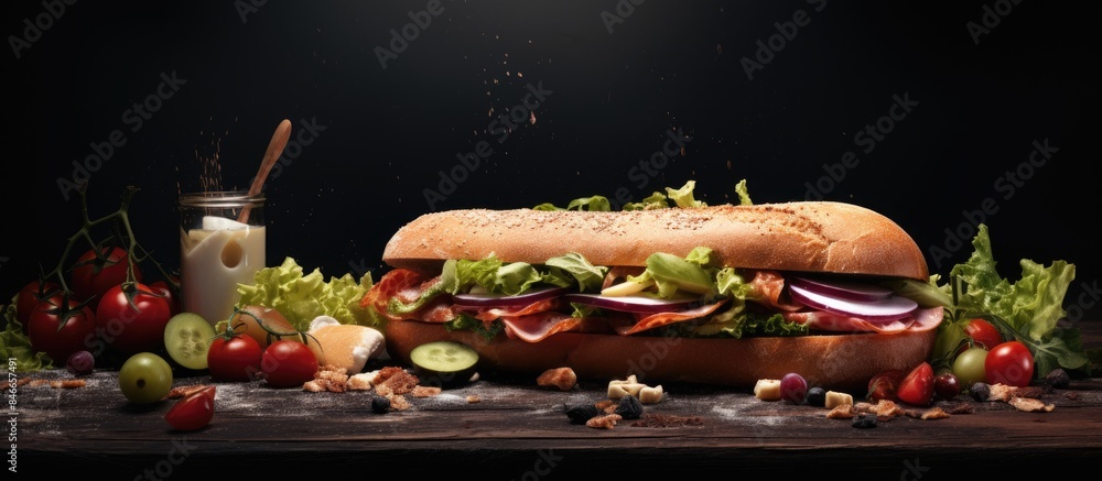 Leinwandbilder Sandwich with a variety of fresh ingredients on a dark backdrop with space for text or other elements in the image. with copy space image. Place for adding text or design
