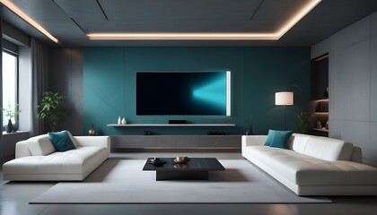 High end modern living room with white leather couch and a large flat screen tv mounted on the wall, brutalist architecture mixed with modern futuristic minimal design