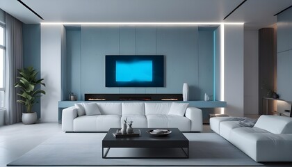 High end modern living room with white leather couch and a large flat screen tv mounted on the wall, brutalist architecture mixed with modern futuristic minimal design