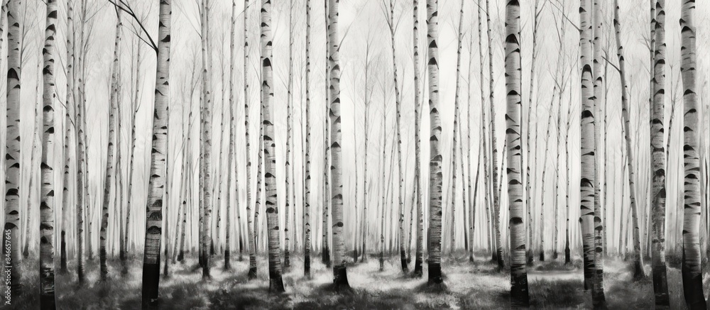 Aufkleber Vintage impressionism style black and white photo of a birch grove with a vertical movement creating a nostalgic vibe, ideal as a copy space image.