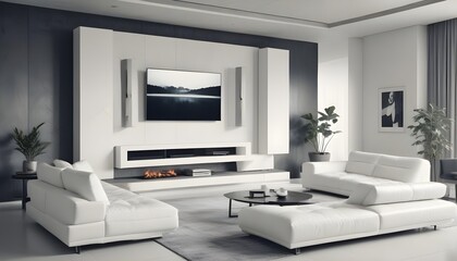 Fototapeta premium High end modern living room with white leather couch and a large flat screen tv mounted on the wall, brutalist architecture mixed with modern futuristic minimal design