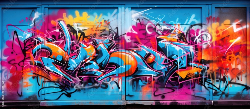 Poster close-up of vibrant graffiti on a metallic wall shutter with significant copy space image.