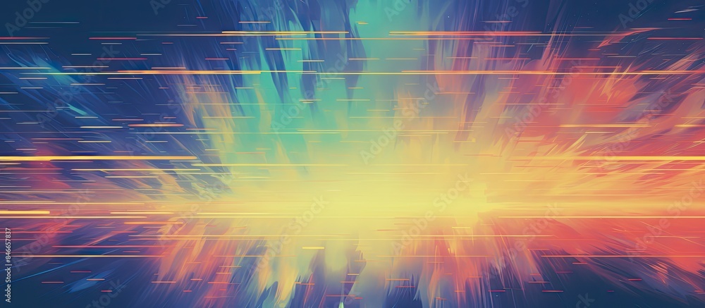 Poster An abstract, colorful VHS glitch effect texture with soft noise patterns creating a vintage retro look, perfect as a background with copy space image.