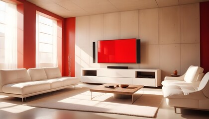 High end modern living room with white leather couch and a large flat screen tv mounted on the wall, brutalist architecture mixed with modern futuristic minimal design