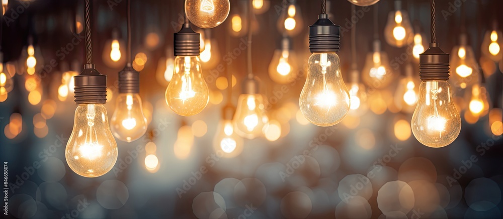 Poster A stunning display of light bulbs hanging, emitting a beautiful bokeh effect, creating a captivating visual with copy space image.
