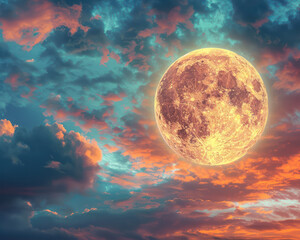 Mesmerizing Full Moon Rising Against a Dramatic, Colorful Twilight Sky with Vibrant Hues of Blue, Pink, and Orange Nature's Night Spectacle