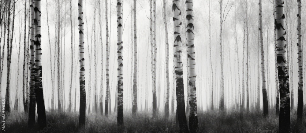 Aufkleber vintage impressionism style black and white photo of a birch grove with a vertical movement creating