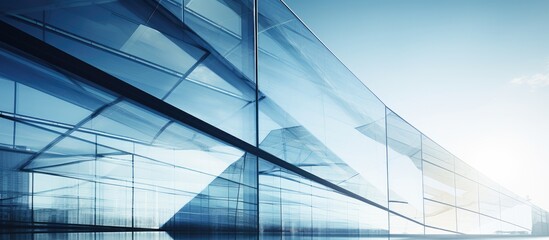 Obraz premium Modern urban geometry fragment with steel and glass office building walls on a sunny day with sunbeams against a blue sky, enhanced with a Velvia graphic filter, providing copy space image potential.