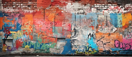 Naklejka premium An ancient wall adorned with street art-style graffiti fragments, creating a colorful background with copy space image.