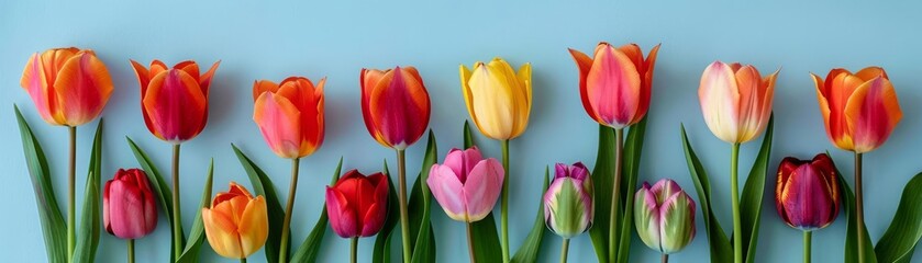 Fototapeta premium Closeup of a row of colorful tulips on a soft blue background, symbolizing the beauty and vibrancy of springtime blossoms