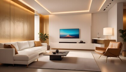 Fototapeta premium High end modern living room with white leather couch and a large flat screen tv mounted on the wall, brutalist architecture mixed with modern futuristic minimal design