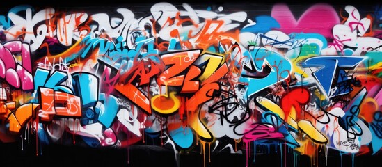 Fototapeta premium A close-up image of an aerosol graffiti drawing on a wall, covered with colorful signatures and tags by street artists and hooligans, offering copy space.