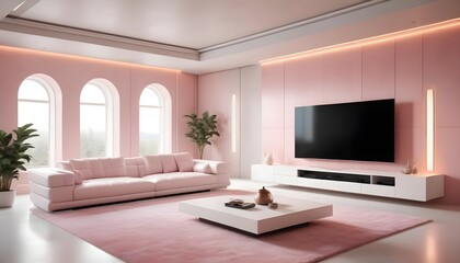 High end modern living room with white leather couch and a large flat screen tv mounted on the wall, brutalist architecture mixed with modern futuristic minimal design