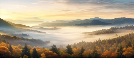 Beautiful sunrise over mountain forest in an autumn panoramic landscape with a mountain valley view at dawn, providing a picturesque copy space image.