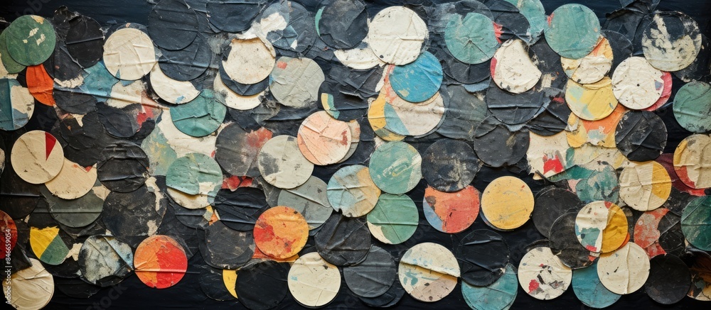 Poster old torn paper pieces, round stickers on a black background for an urban wall poster texture with hi