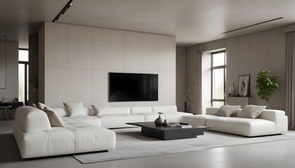 Fototapeta premium High end modern living room with white leather couch and a large flat screen tv mounted on the wall, brutalist architecture mixed with modern futuristic minimal design