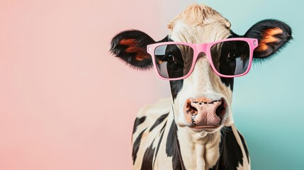 Frontal Angle, cheerful cow wearing stylish sunglasses, standing against a pastel background in a professional portrait photo studio, with text copy space on the right
