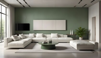 Fototapeta premium High end modern living room with white leather couch and a large flat screen tv mounted on the wall, brutalist architecture mixed with modern futuristic minimal design