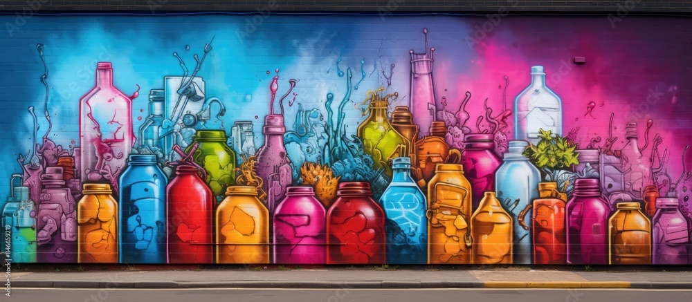 Poster vivid spray bottles displayed alongside captivating street art, with a backdrop perfect for a copy s