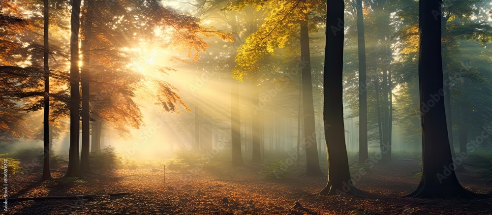 Poster a picturesque autumn forest scene with sunlight filtering through foggy trees, creating a stunning n