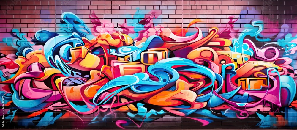 Poster Modern street art concept displayed on an urban brick wall with colorful graffiti elements and details, creating an abstract pattern background or texture for a web banner with copy space image.