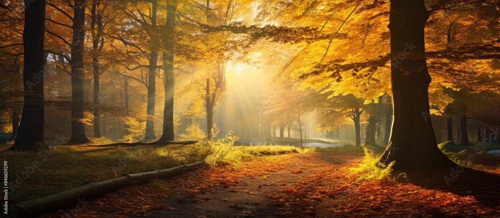 Aufkleber in a golden autumn forest, vibrant warm colors of deciduous trees are illuminated by enchanting sun 