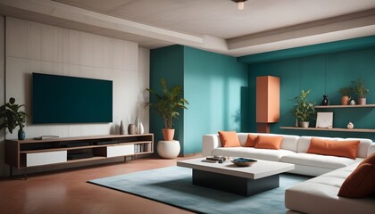 High end modern living room with white leather couch and a large flat screen tv mounted on the wall, brutalist architecture mixed with modern futuristic minimal design