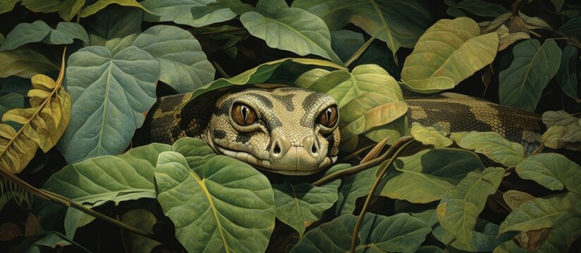 The camouflaged Rock Python caught its prey by constriction, blending in with the leaves, surprising the vigilant Vervet Monkey with the element of surprise. with copy space image
