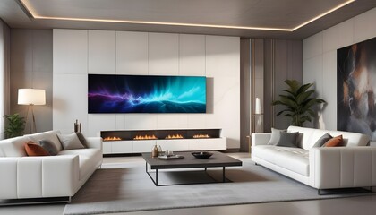 Fototapeta premium High end modern living room with white leather couch and a large flat screen tv mounted on the wall, brutalist architecture mixed with modern futuristic minimal design