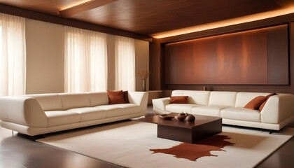 High end modern living room with white leather couch and a large flat screen tv mounted on the wall, brutalist architecture mixed with modern futuristic minimal design