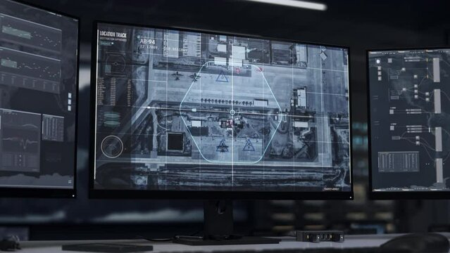 High tech surveillance scanner observing the town. High tech surveillance scanner located the enemy army base. High tech surveillance scanner gathers secret intel about the enemy aircrafts.