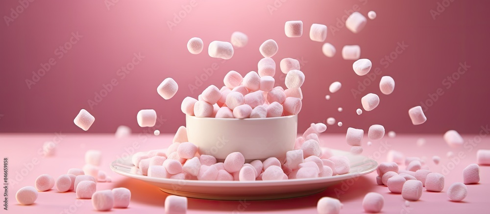 Poster delicate dessert of marshmallows falling on a pink background plate with copy space image.