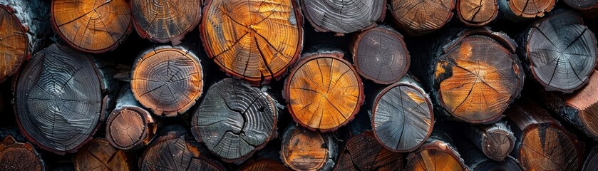 Closeup of chopped logs in a neat pile, perfect for themes of sustainability and home warmth
