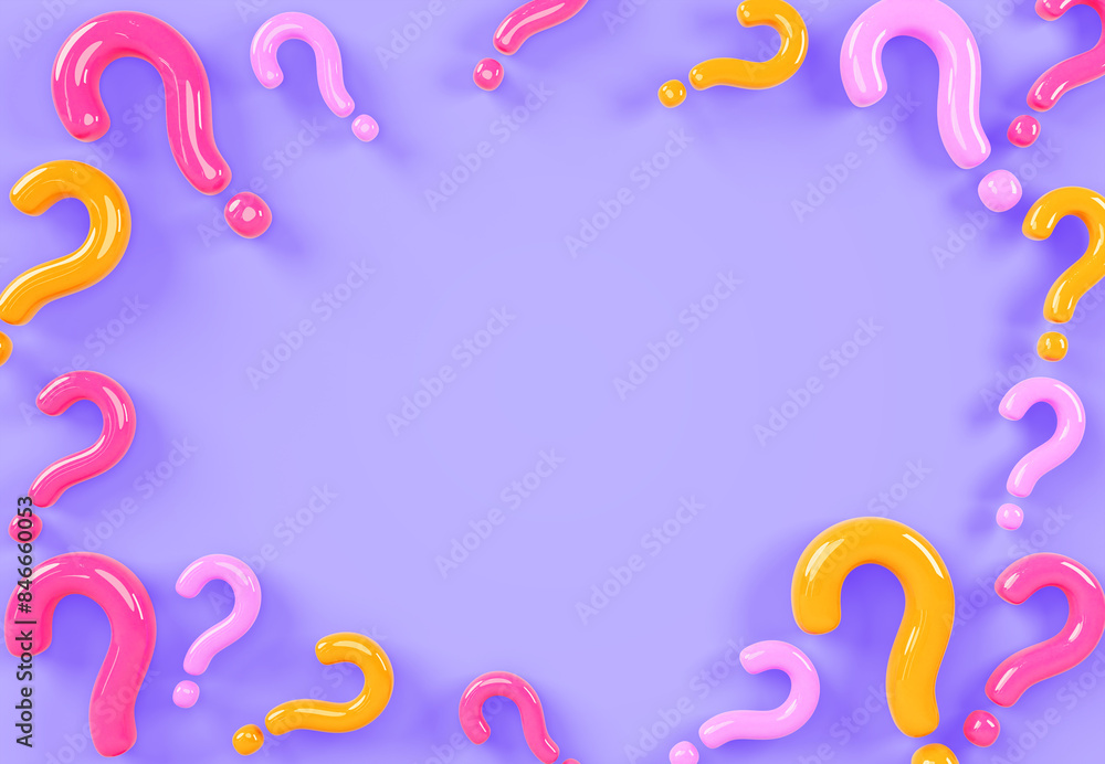 Poster 3d color question marks frame on purple render background. concept of school education, questionnair