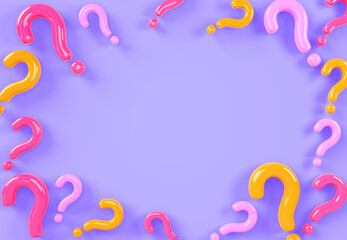 3d color question marks frame on purple render background. Concept of school education, questionnaire or quiz. Banner template with border of ask sign symbols and empty space for text. 3D illustration