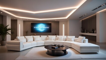 Fototapeta premium High end modern living room with white leather couch and a large flat screen tv mounted on the wall, brutalist architecture mixed with modern futuristic minimal design