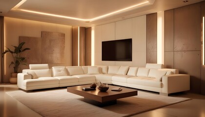 High end modern living room with white leather couch and a large flat screen tv mounted on the wall, brutalist architecture mixed with modern futuristic minimal design
