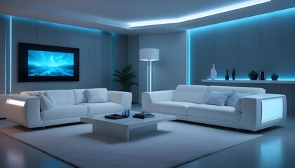 High end modern living room with white leather couch and a large flat screen tv mounted on the wall, brutalist architecture mixed with modern futuristic minimal design