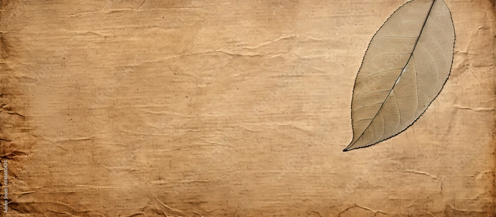 Poster detailed shot of leaf on textured handmade paper with copy space image.