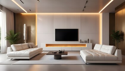 Fototapeta premium High end modern living room with white leather couch and a large flat screen tv mounted on the wall, brutalist architecture mixed with modern futuristic minimal design