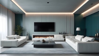 Fototapeta premium High end modern living room with white leather couch and a large flat screen tv mounted on the wall, brutalist architecture mixed with modern futuristic minimal design