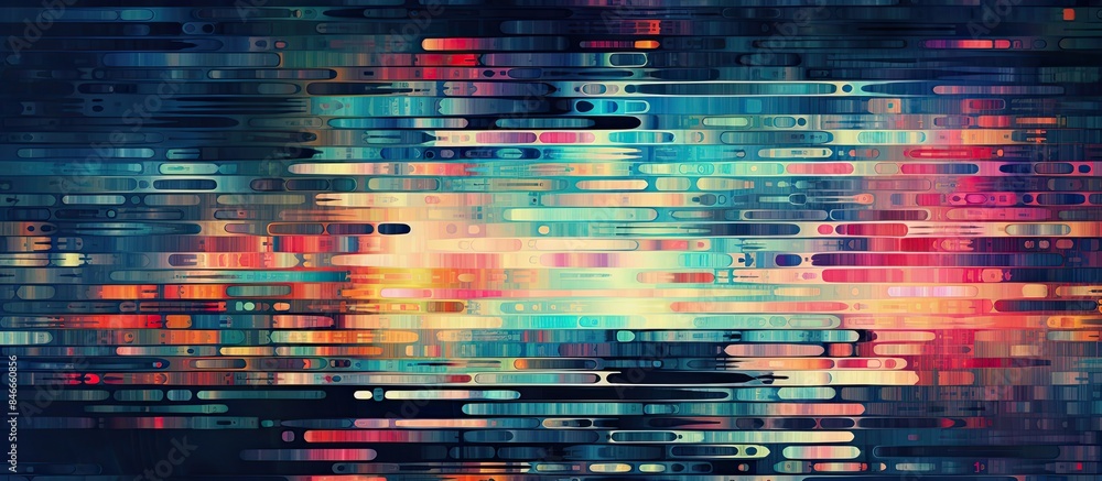 Poster An abstract, colorful VHS glitch effect texture with soft noise patterns creating a vintage retro look, perfect as a background with copy space image.