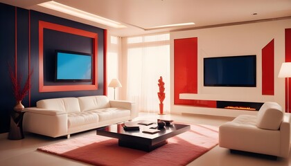 High end modern living room with white leather couch and a large flat screen tv mounted on the wall, brutalist architecture mixed with modern futuristic minimal design